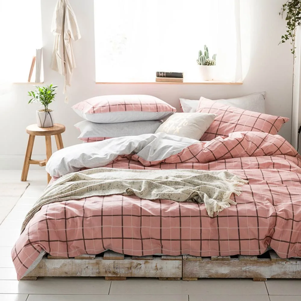 

2019 Pink Lines Plaids Cartoon Scandinavian Cotton Bedlinens 3/4pcs Bedding Set Twin Queen Customize Size Bedsheet Pillowcases