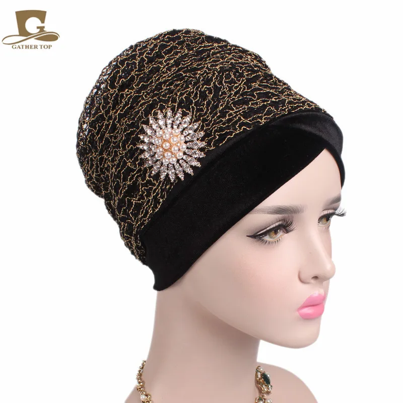 

2017 new women soft mesh net Velvet nigerian Turban with brooch Long Head Wraps Luxury Hijab HeadScarf Head scarf Turbante