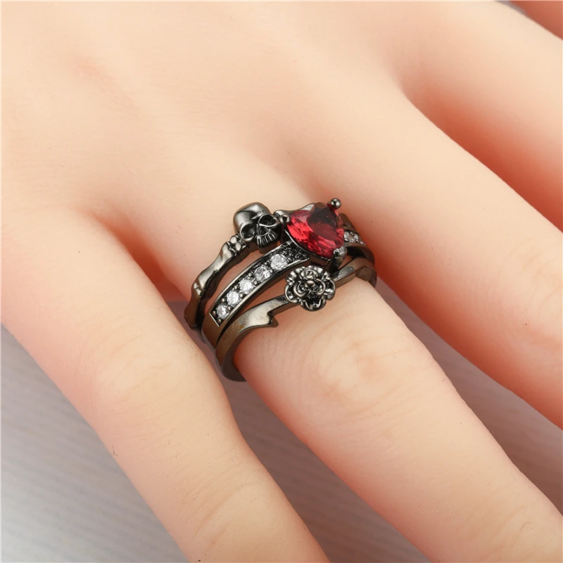 Skull Ring Punk Black Red crystal Women's Wedding Jewelry 2PCS Rings