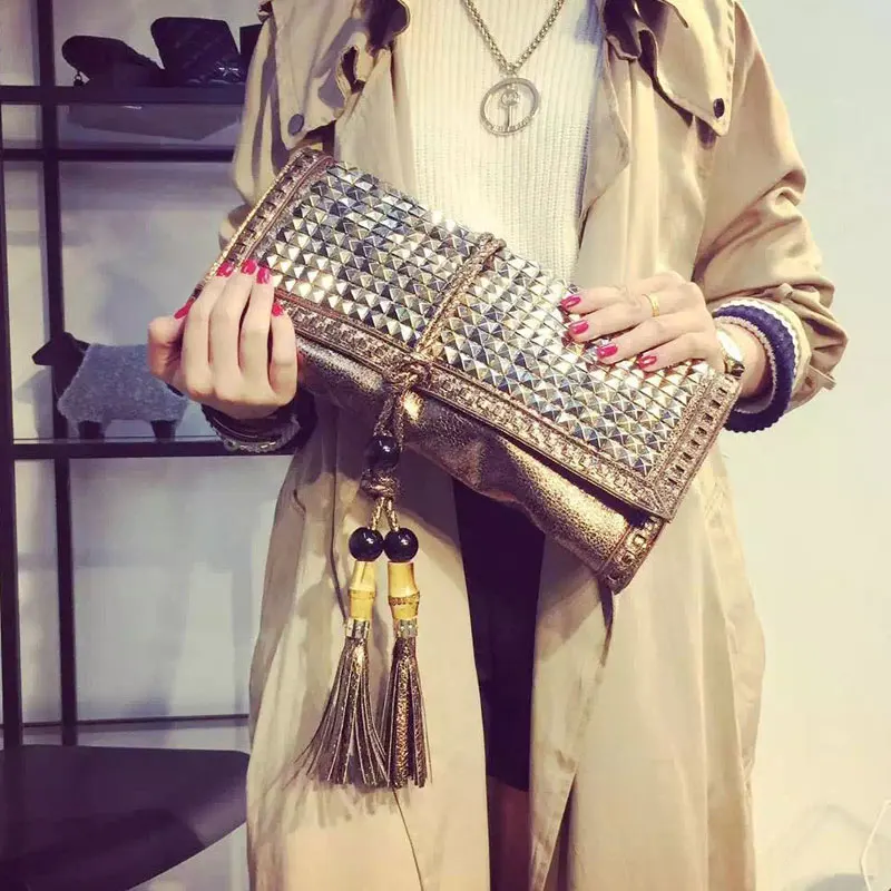 women bag Retro rivet tassel hand bag new handbag Embossed leather handbag women's clutch bag women bag Retro rivet tassel hand bag new handbag Embossed leather handbag women's clutch bag