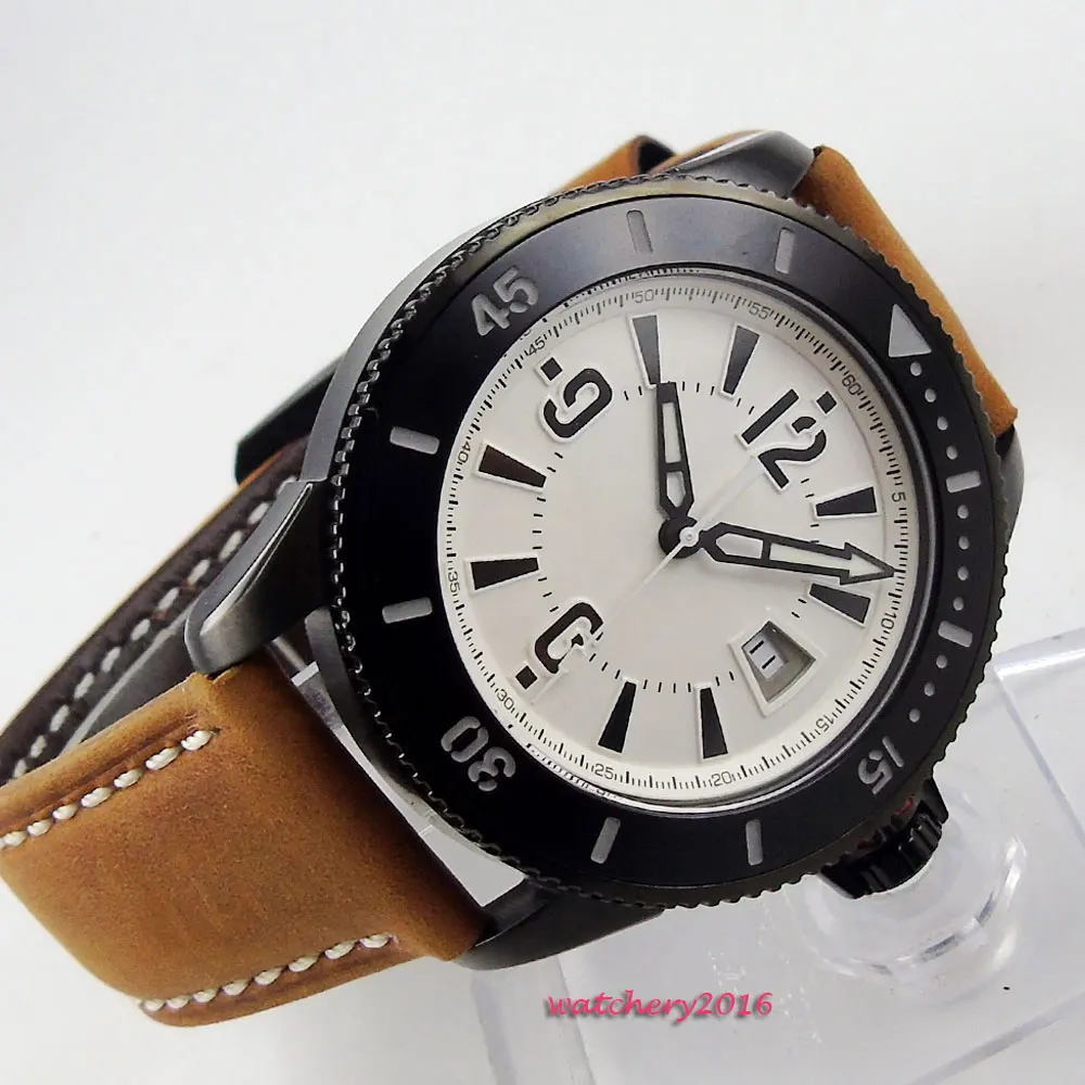 

43mm Bliger White dial pvd Case Leather strap Complete Calendar Miyota Automatic Movement Men's Mechanical Wristwatch