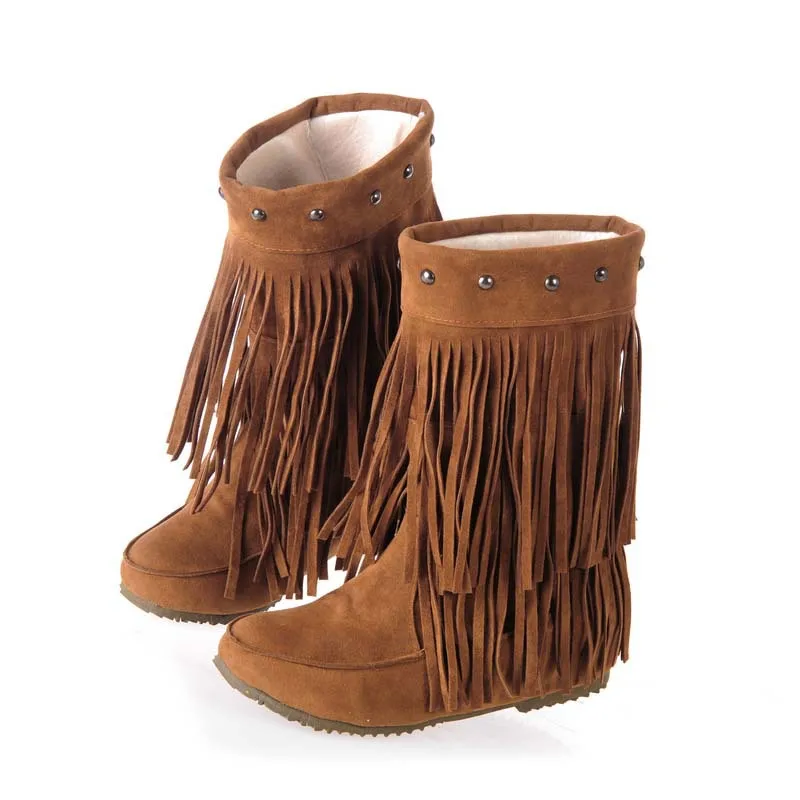 Big Size 34-43 Women's 3 Layer Fringe Tassels Decoration Rivets Low Heel Winter Boots Mid-Calf snow boots Shoes