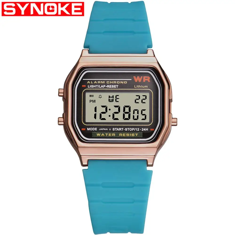 SYNOKE мужской квадратный светодиодный цифровые часы пластиковые плавательные спортивные черные водонепроницаемые мужские часы дисплей наручные часы ударопрочный - Цвет: rose gold and blue
