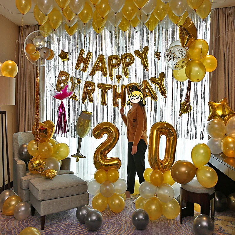 Birthday Party Decoration Adults Silver Happy Birthday Ballon Set Dark Blue White Latex Ballon With Gary Heart Star Foil Ballon Ballons Accessories Aliexpress