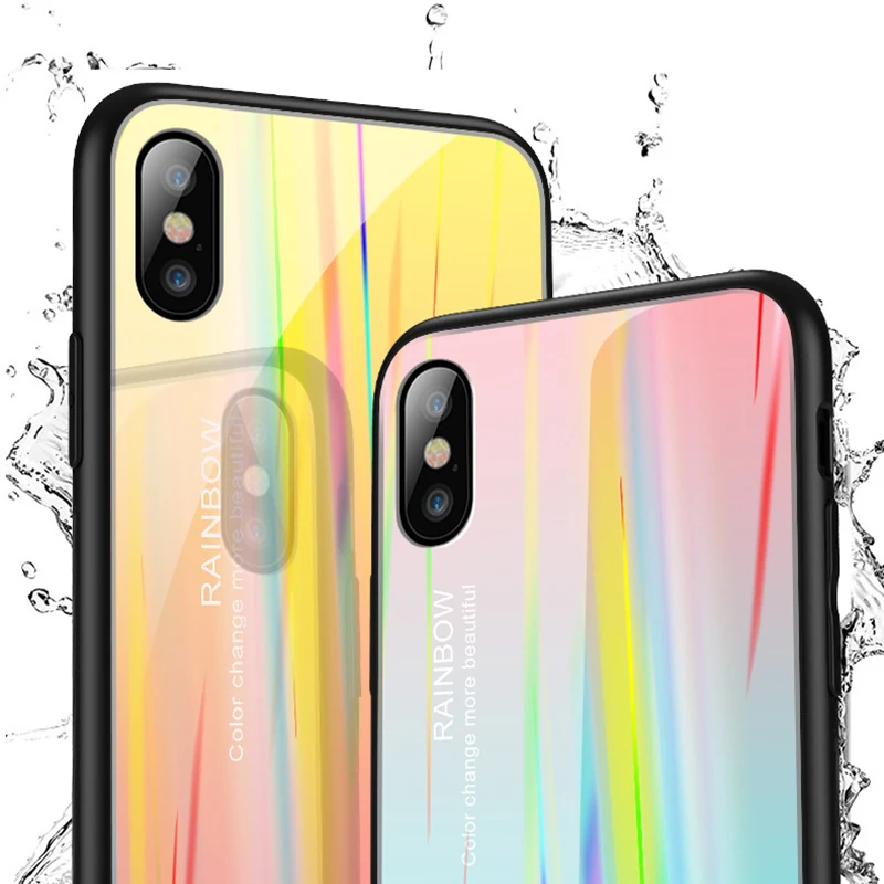 

Gradient Aurora Phone Case For iPhone XR XS Max 7 6 6S X 8 Plus Tempered Glass Back Case For iPhone X Luxury Clear Mirror Cover