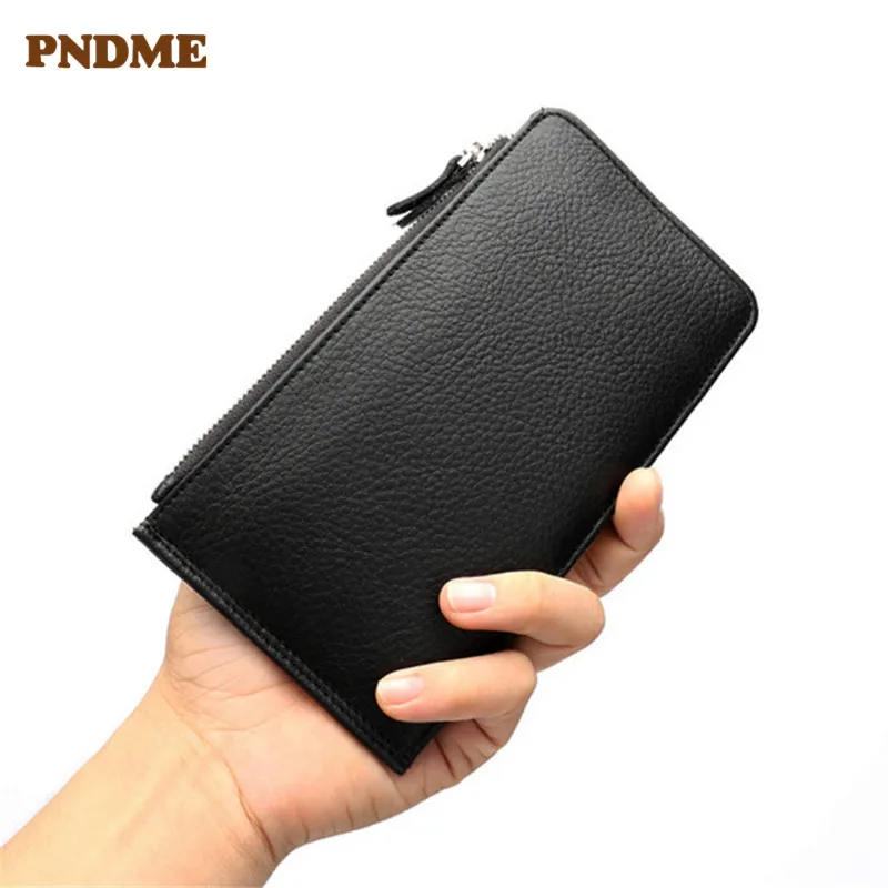 

PNDME simple genuine leather clutch wallet vintage multi-card designer cowhide zippers business card holder passport purse