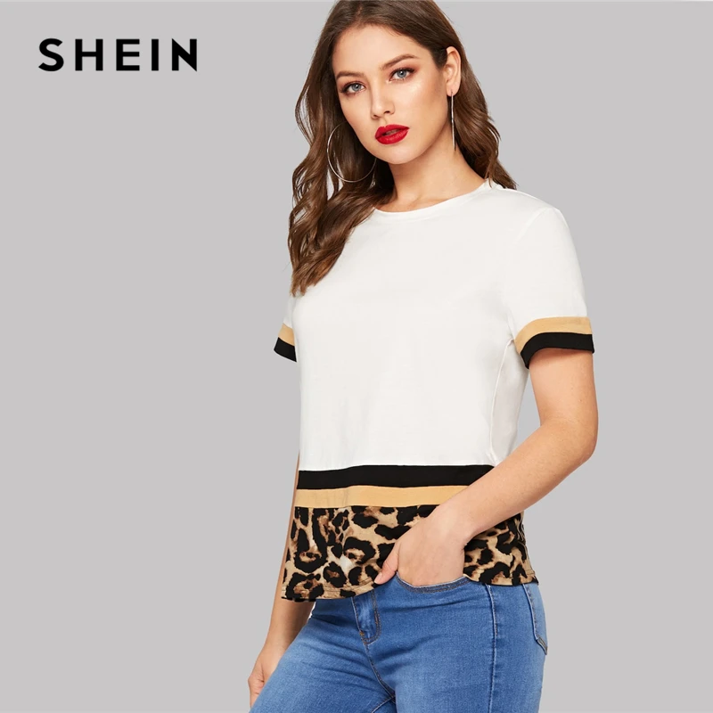 SHEIN متعدد الألوان اللون كتلة ليوبارد طباعة المحملة النساء ضئيلة تي شيرت مجسم الصيف بسط جولة الرقبة الربيع الصلبة بلايز أعلى