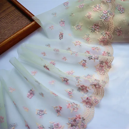 

5.118"13cm(2yards/lot) Embroidered Floral Tulle Lace Trim Deep Ivory+Pink+Grey ,Mesh Embroidery Lace Trim