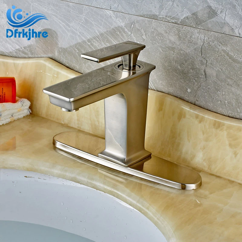 

Free Shipping Single Handle Mixer Tap Countertop Bathroom Sink Faucet With Cover Plate Nickel Brushed