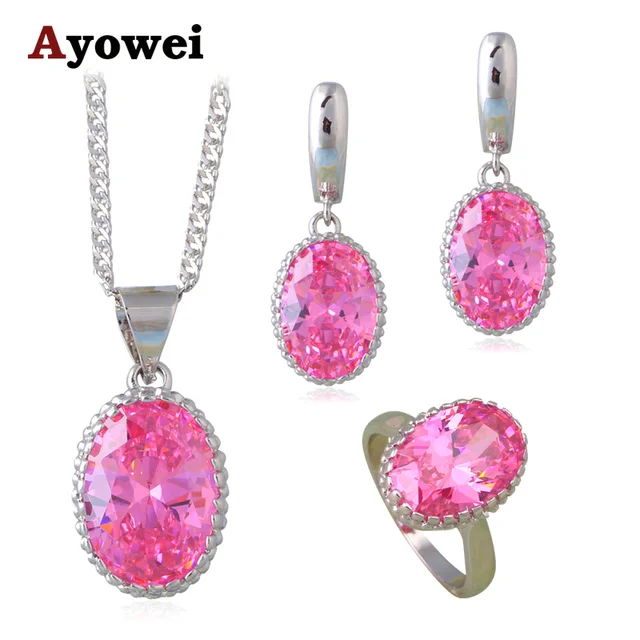 Beautiful Pink Zircon Fashion Jewelry Sets For Las Silver Stamped Beautiful Pink Zircon Fashion Jewelry Sets For Las Silver Stamped Cz Earrings Necklace Ring Sz