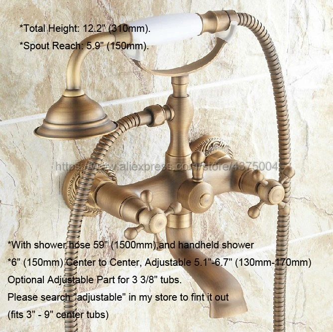 Dual Cross Handles Wall Mounted Antique Brass Bathroom Tub Faucet with Hand Held Shower Sprayer Ntf122