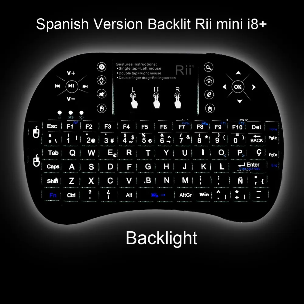 Беспроводная испанская клавиатура Rii Mini i8 + 2 4 ГГц Air Mouse с подсветкой и тачпадом