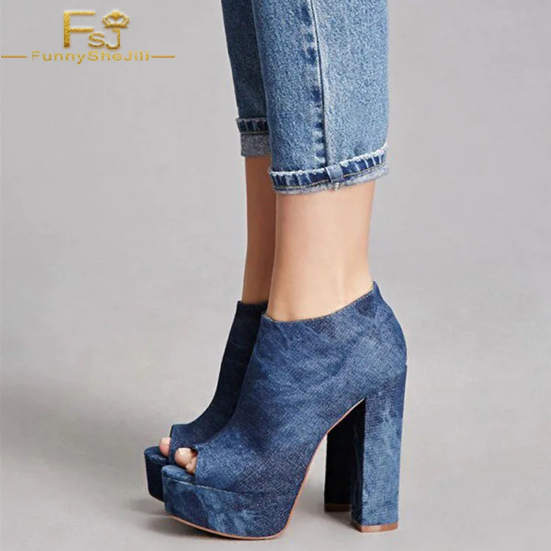 

FSJ Blue Denim Women Boots Canvas Peep Round Toe Spring/Autumn Night club, Dancing club Chunky Heels Platform Zip Ankle boots