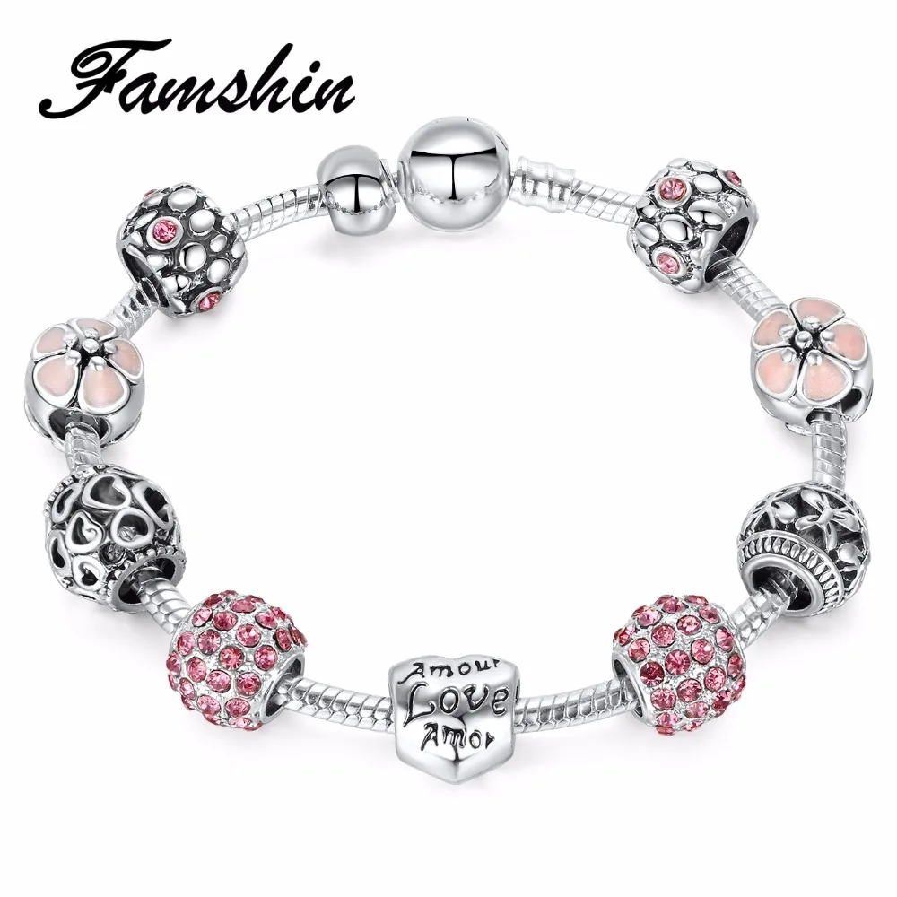 

FAMSHIN Antique Silver Charm Bracelet & Bangle with Love and Flower Crystal Ball Women Wedding Valentine's Day Gift