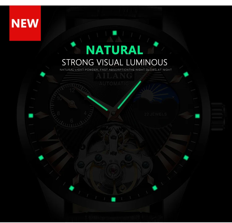 AILANG Quality Tourbillon Men's Watch Men Moon Phase Automatic Swiss Diesel Watches Mechanical Transparent Steampunk Clock
