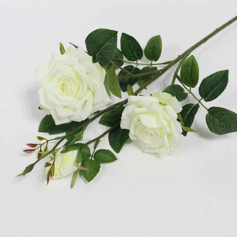 Flone 3 Heads Artificial Rose Flowers Simulation Rose Flower Silk Flower Fake Rose Flower Branch Wedding Home Party Decor Flores (11)