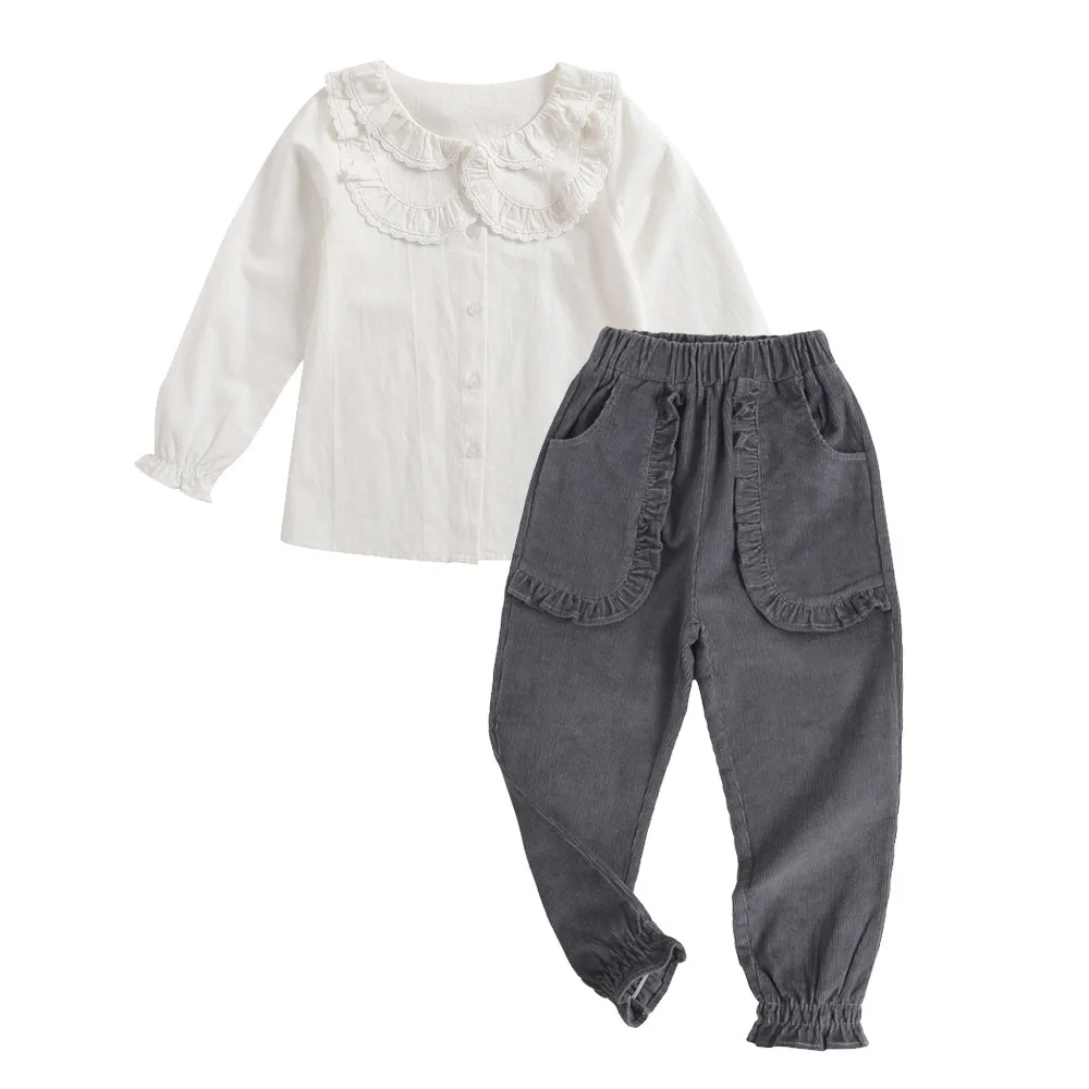 

Winter Toddler Girl Clothes 2pcs Set White Lace O-neck Blouse Elastic Gray Pants Elegant Clothes for Girls Fashion Suit for Kids