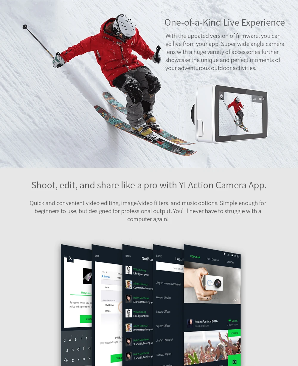 Yi 4k action camera ambarella a9se cortex-a9 arm 12mp cmos 2.19 155 degree eis ldc wifi sports camera black white