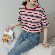 Корейская Ulzzang футболка Женская Летняя мода o-образным вырезом с коротким рукавом полосатые футболки женские повседневные топы футболки