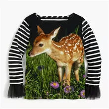 Красивая новая весенне-летняя детская рубашка в полоску для девочек; блузка из пряжи и тюля с длинными рукавами; детская рубашка с принтом оленя