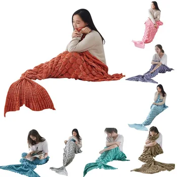 

1pc Mermaid Tail Blanket Fish Scale Design Blanket Yarn Knitted Handmade Crochet Mermaid Blanket Soft Sleeping Camping Blanket