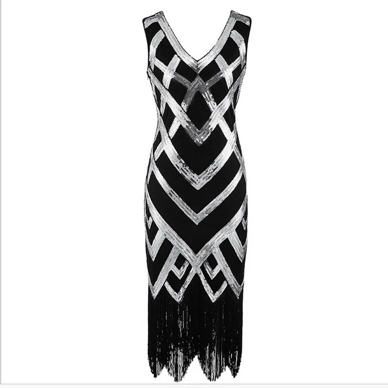 2018 Great Gatsby Dress Women Sequins Dress 1920 s Vintage Ballroom Gold Dresses Sexy Club V Neck tassels Beaded Party Dress (3)1
