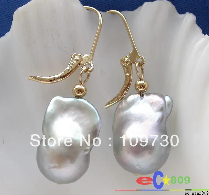 

ry0063 18MM GRAY BAROQUE KESHI REBORN PEARL DANGLE EARRING 14K