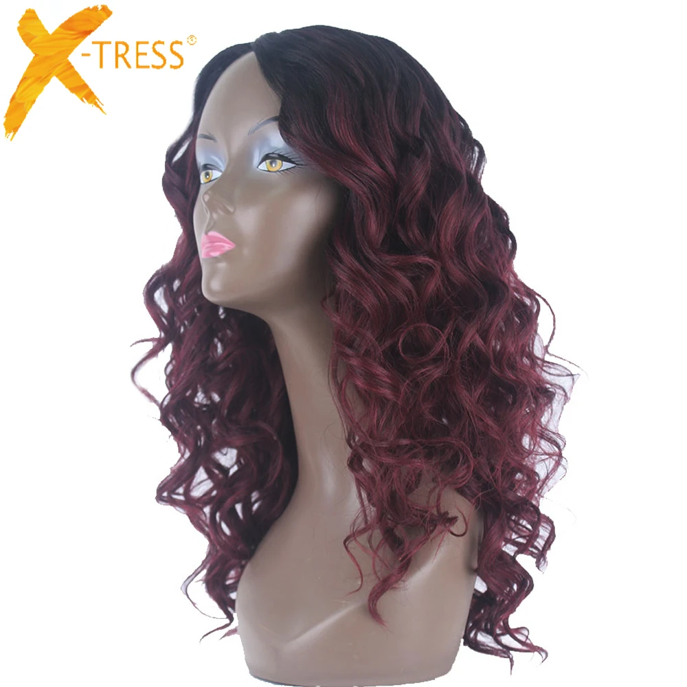 Ombre Burgundy Red Color Synthetic Hair Wigs Middle Part X Tress