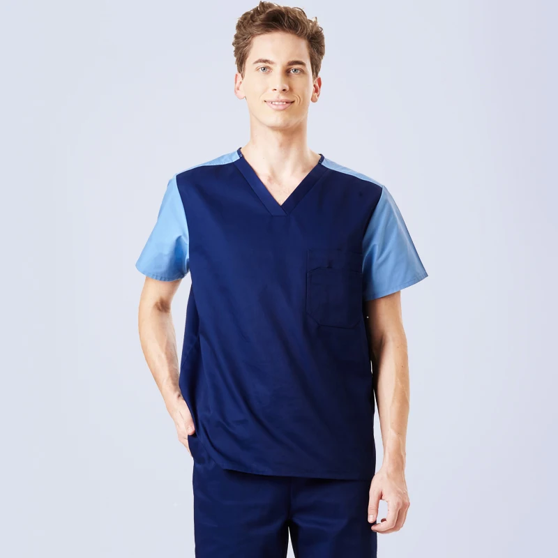 Contrast Color Men's Scrub Set Nurse Uniform Medical Scrubs Top Pant