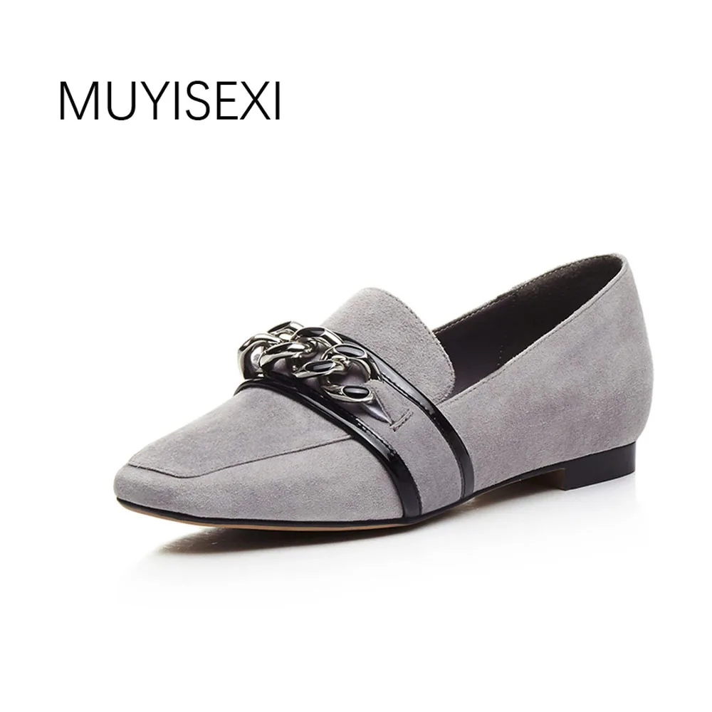 

Women Loafers Flats Genuine Leather Square Toe Soft Bottom Casual Women Shoes Drive Girls Shoes with Chain LM02 MUYISEXI
