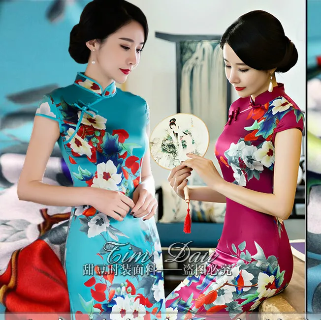 

150cm elegant stretch printing fabric high imitation silk cheongsam fabric stretch flower digital print dress fabric cloth