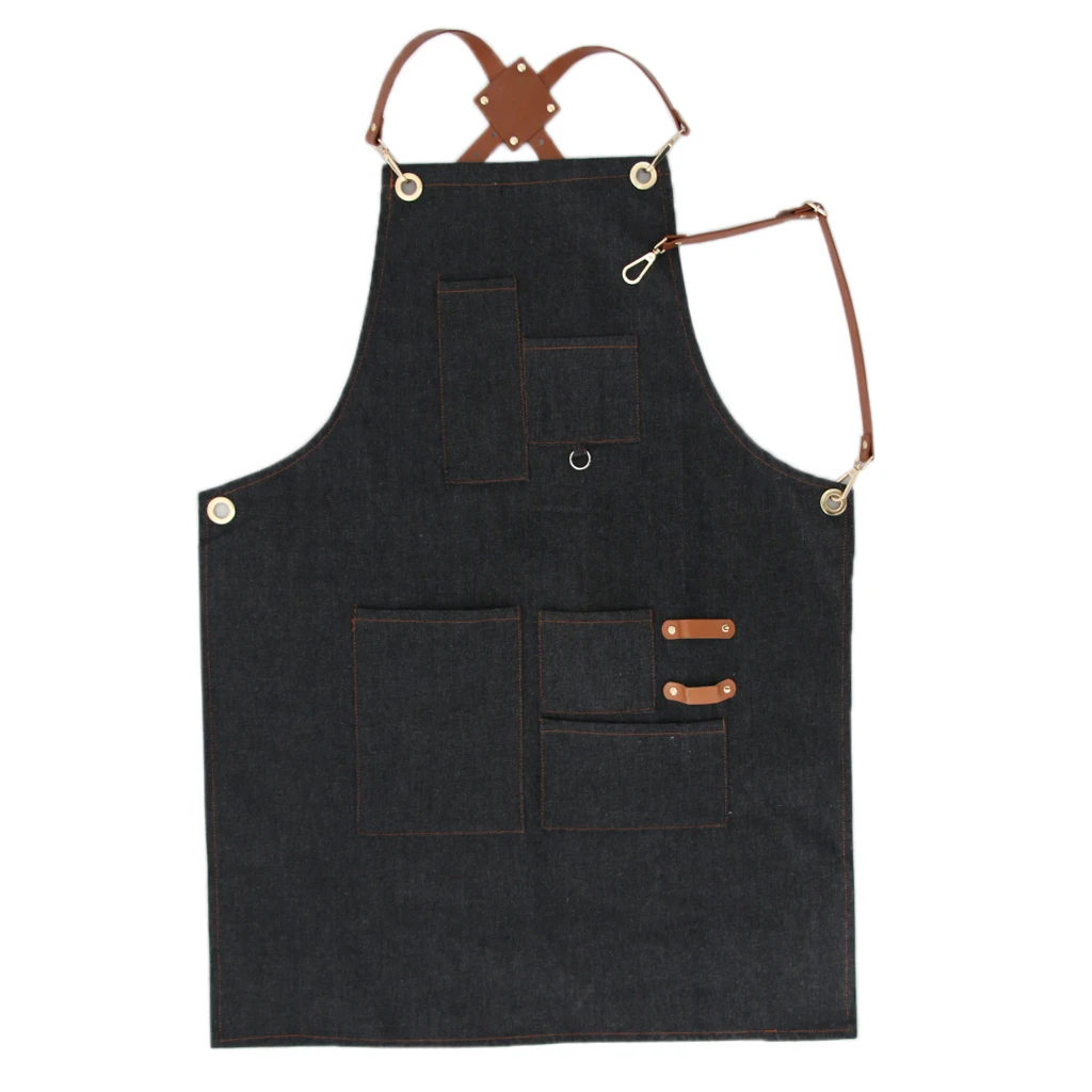 Ladies Men Leather Strap Denim Bib Apron BBQ Florist Baker Bartender Barista Chef Work Uniform