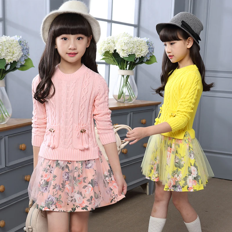 

2018 New Winter Autumn Toddler Girls Knitted Dress Long Sleeve Sweater Pullover Kids Dresses For Girls Big Child Dress 10 12 14
