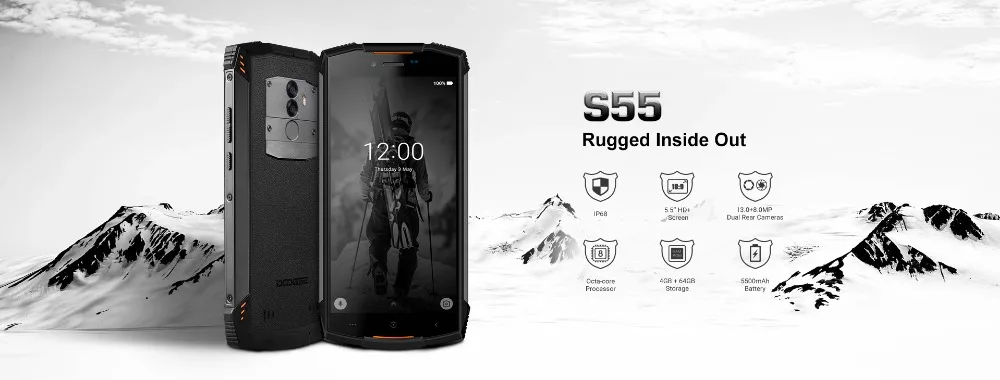 DOOGEE S55 4 Гб 64 Гб IP68 водонепроницаемый мобильный телефон 5," HD+ Android 8,0 Восьмиядерный 13мп камера 5500 мАч 5V2A быстрое зарядное устройство смартфон