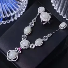 Натуральный белый Нефритовый камень комплект ювелирного изделия с натуральным камнем драгоценный камень кольцо, ожерелье, серьги 925 Серебро Изысканный Круглый Женский вечерние ювелирные изделия