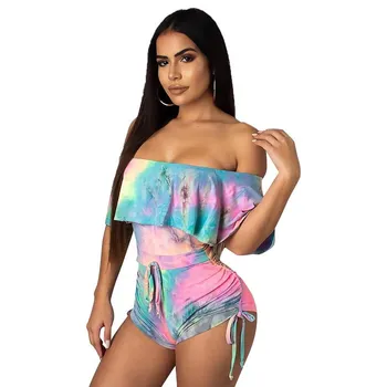 

Tie Dye Print Sexy Bandage Playsuit Women Slash Neck Ruffle Beach Short Romper Summer Backless Skinny Jumpsuit