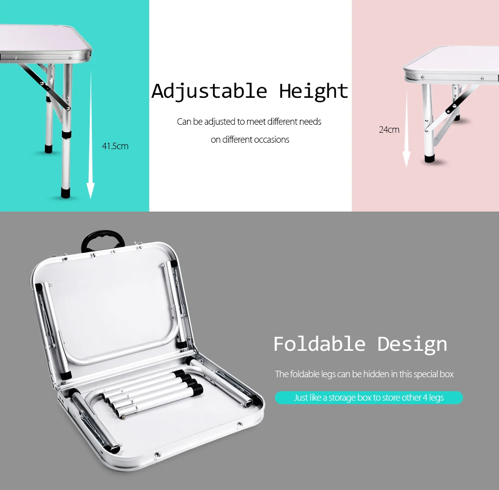 Aluminum Folding Camping Table Laptop Bed Desk Adjustable Height 60 x 40.5 x 24 / 41.5cm 