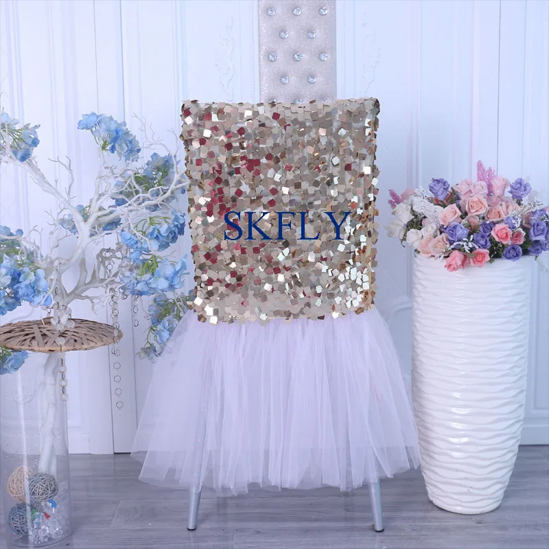 

CH105A New 2019 custom made fancy wedding tutu gold large square sequin and light pink tulle and sequin chair covers