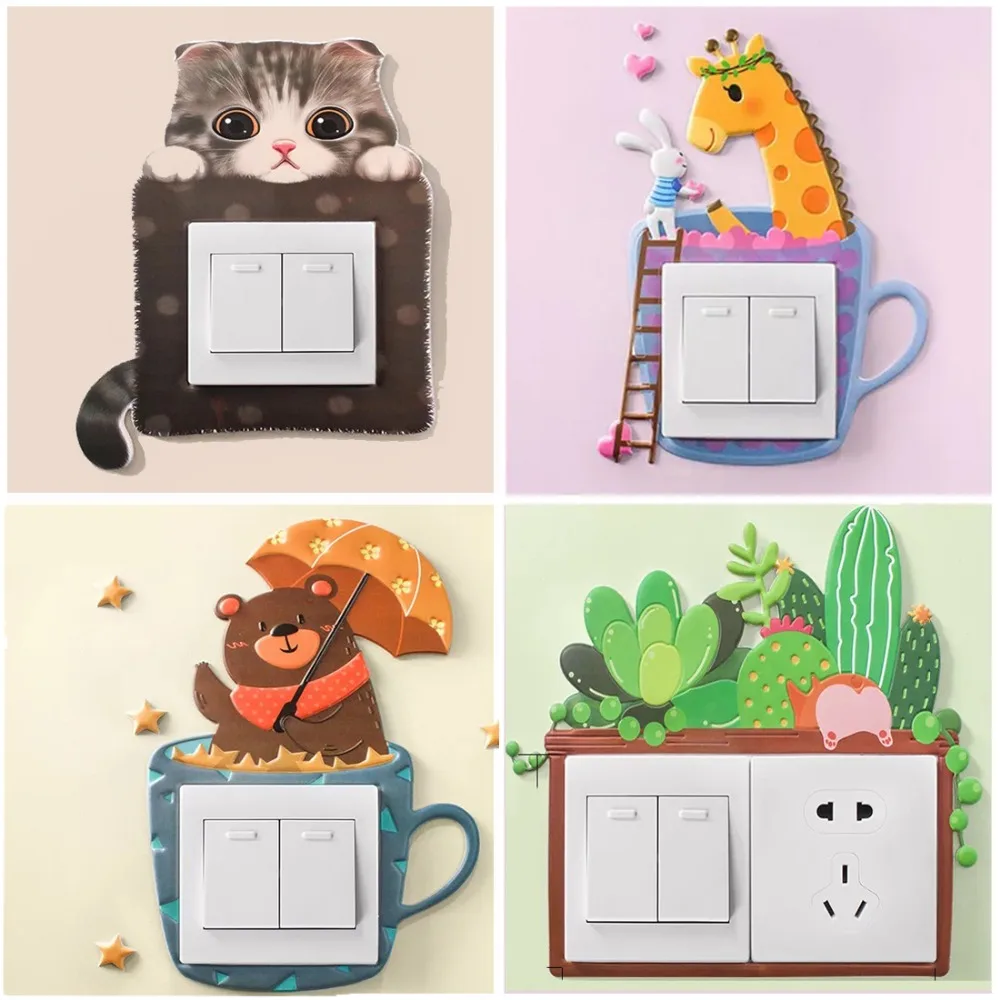 

3d Switch Sticker, Lovely Cute Cartoon Vinyl Wall Switch Sticker for Home Decoration, Light Switch Decor Decals