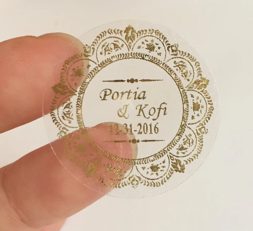 Personalised Clear Gold Wedding Stickers/Labels Envelopes Seals