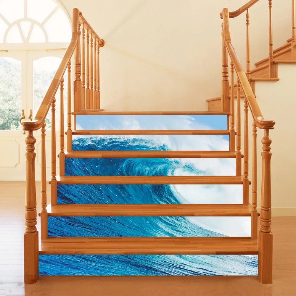 

6pcs/set Ocean Sea Wave 3D Waterproof Stair Stickers Wallpaper Home Decor Removable Bathroom Kitchen Wall Floor Sticker 18*100cm