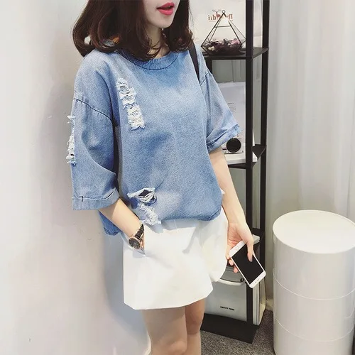 Blusa Real Tumblr 2017 Summer New Women Korean Loose Personality Cowboy T Shirt Female Short Blusa Real Tumblr 2017 Summer New Women Korean Loose Personality Cowboy T Shirt Female Short
