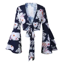 New Floral Printed Blouse Shirts Women Sexy V -Neck Flare Sleeve Chiffon Blusas Print Short Crop Top Chiffon Shirts Bluas chiffon print flare sleeve blouse