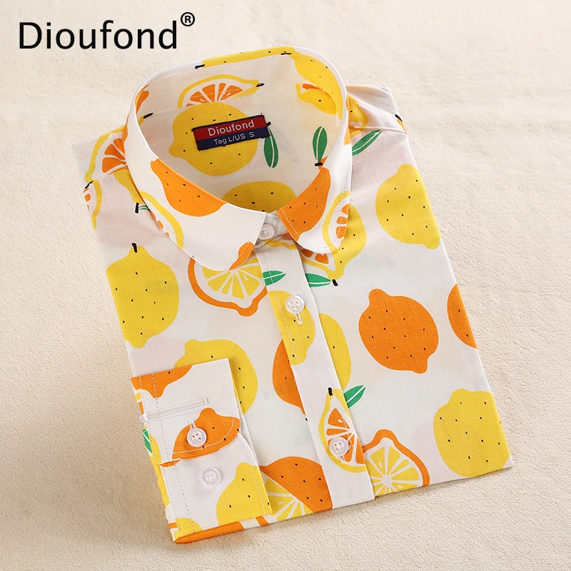 Dioufond Women Cotton Blouses Summer Cute Lemon Bird Print Long Sleeve Blouse Shirt Woman Tops Plus Size 2018 New