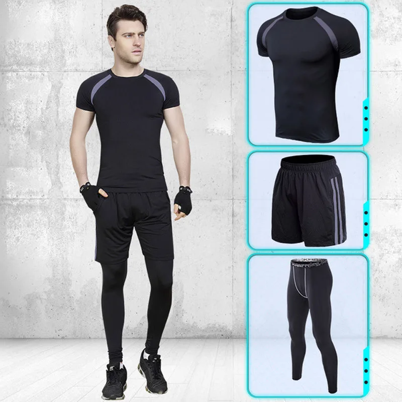 

2019 New Compression Set Tights Short Sleeve Sporting Suits running Clothing Gym Crossfit Athletic Bodybuilding Training Suit