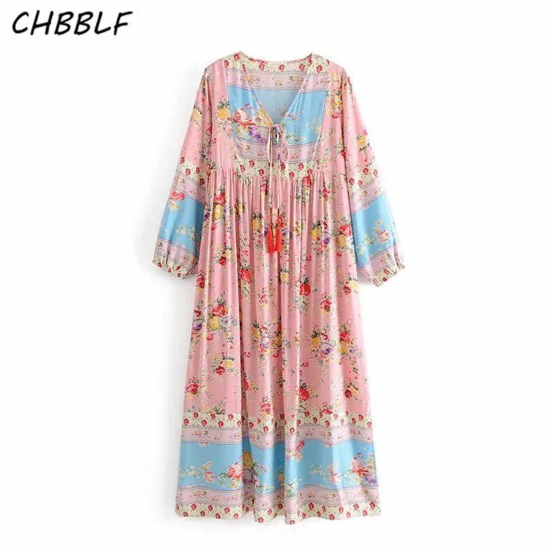 

CHBBLF women sweet V neck midi dress long sleeve tassel tie female chic vintage dresses vestidos DFJ8363