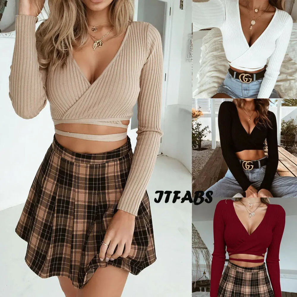 

2019 Newest Hot Women Sexy Fashion Casual Long Sleeve Deep V Neck Tee Shirts Top Ladies Slim Fit Crop Top T-Shirt Dropshipping