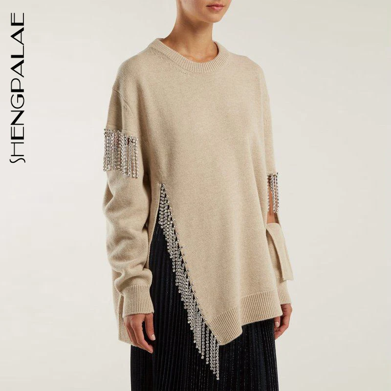 SHENGPALAE 2020 New Spring Long Sleeve Round Collar Sweater Splice Tassel Pullovers High Quality Casual Women Fashion Tide OC540 | Женская