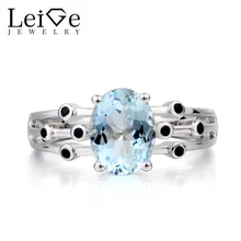 Leige Jewelry Engagement Ring Natural Aquamarine Ring March Birthstone Oval Cut Blue Gemstone 925 Sterling Silver Ring for Women
