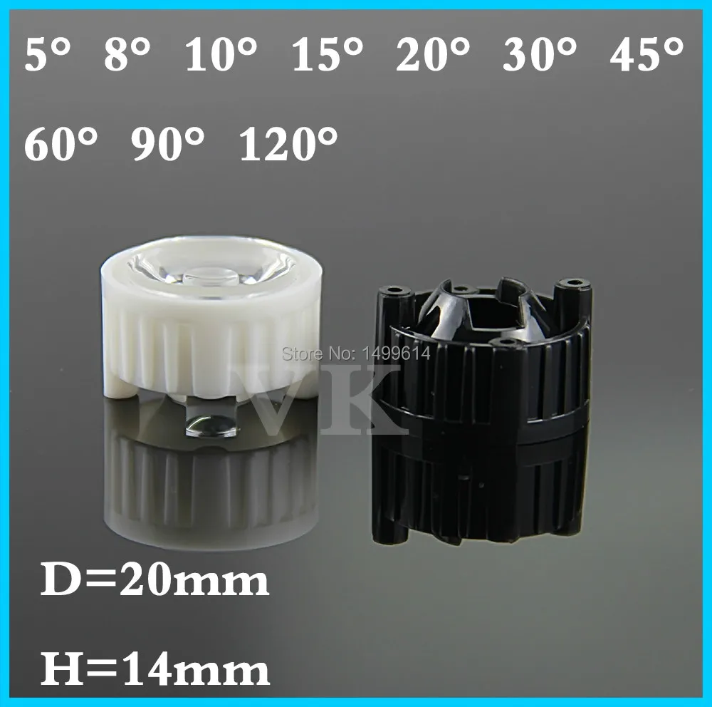 

50pcs LED lens for 1W 3w LED light  black& white holder  20mm high quality 5 8 10 30 45 60 degree optical lens